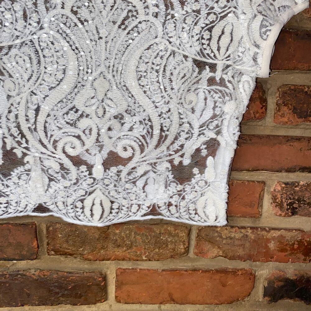 Zara White Sequined Semi-Sheer Mesh Lace Short Sleeve Crop Top Women's Size XS - Picture 3 of 7